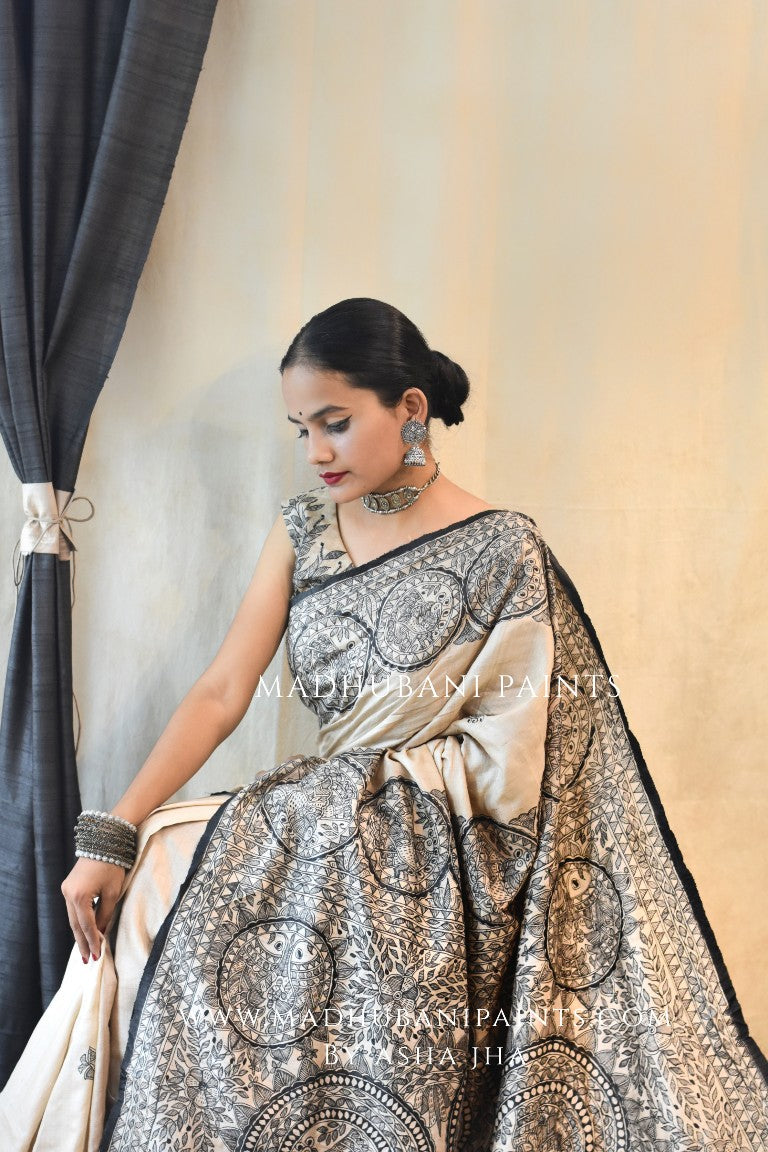'MORNI' Handpainted Madhubani Tussar Silk Saree Blouse Set