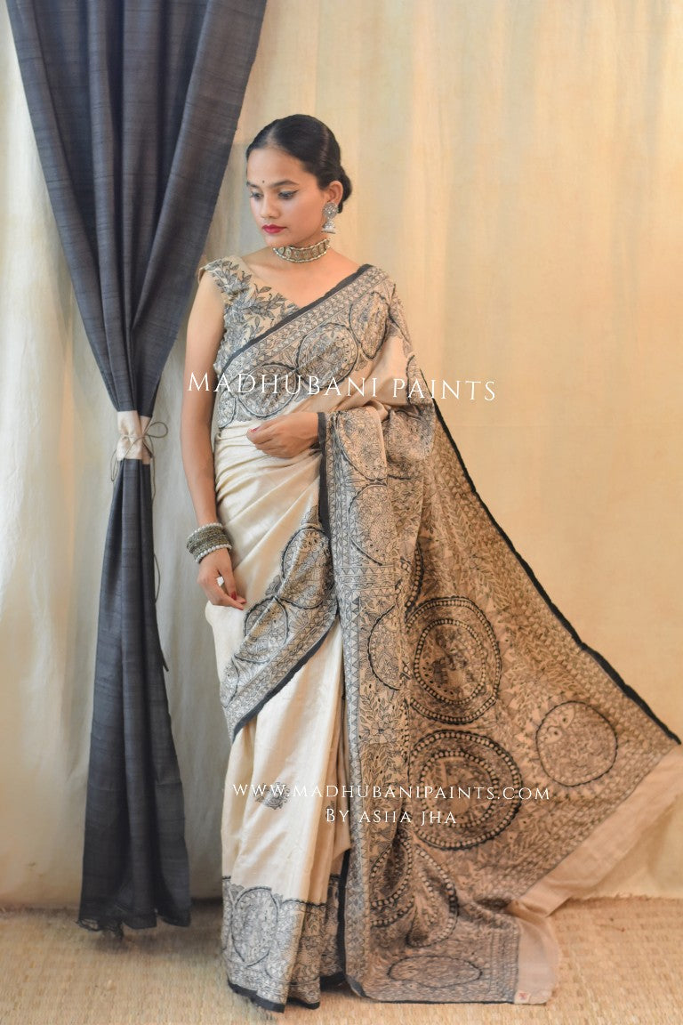 'MORNI' Handpainted Madhubani Tussar Silk Saree Blouse Set