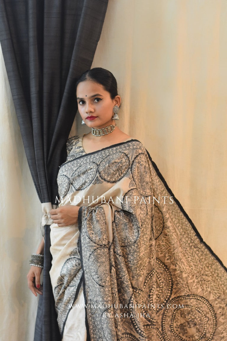 'MORNI' Handpainted Madhubani Tussar Silk Saree Blouse Set