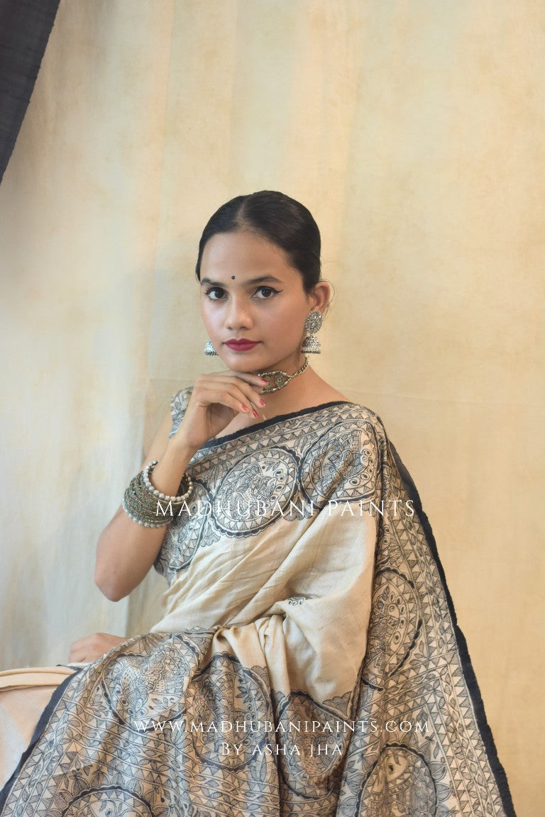'MORNI' Handpainted Madhubani Tussar Silk Saree Blouse Set