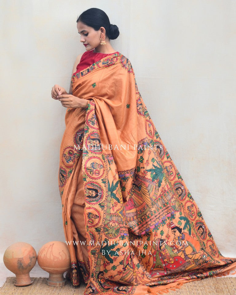 'BENGALI VIVAH' Handpainted Madhubani Tussar Silk Saree