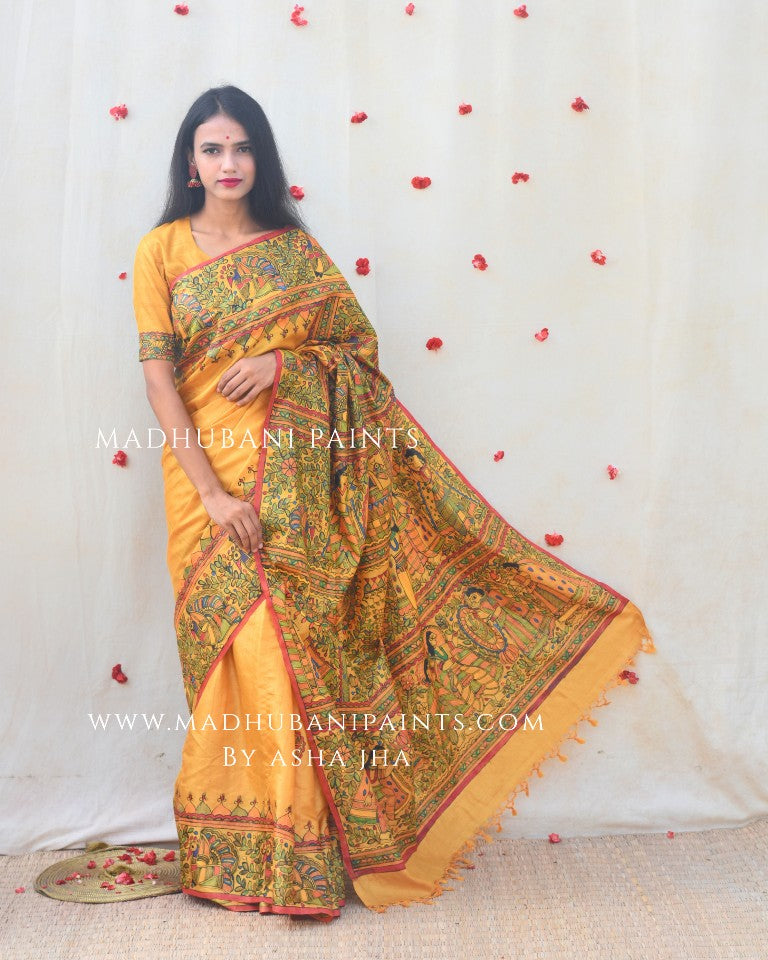 RAMAYANA' Handpainted Madhubani Tussar Silk Saree Blouse Set