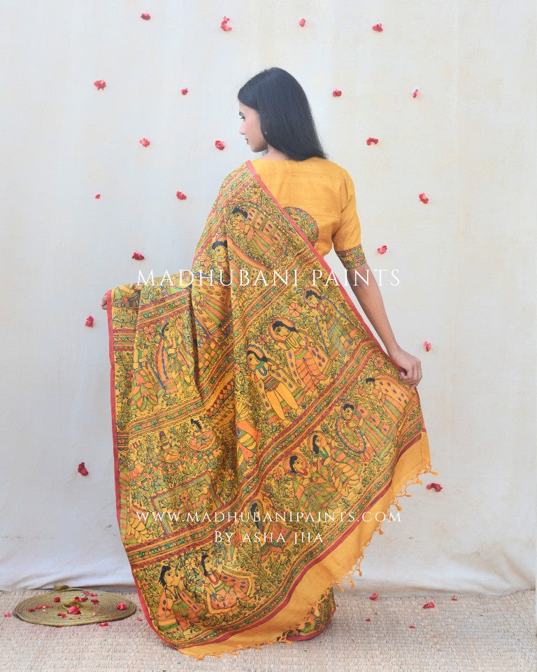 RAMAYANA' Handpainted Madhubani Tussar Silk Saree Blouse Set