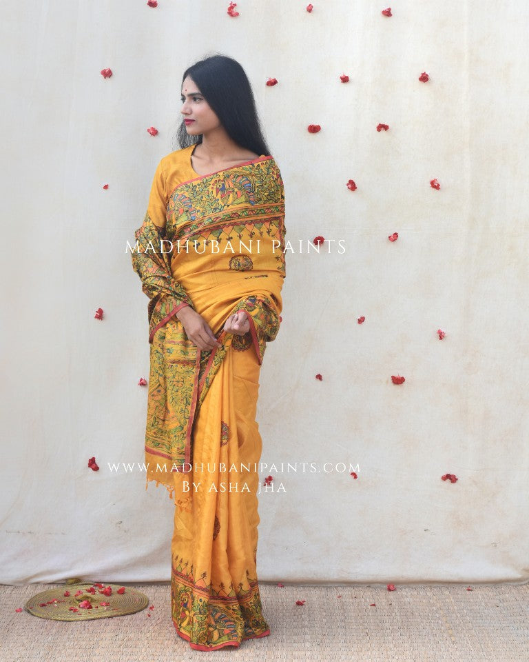 RAMAYANA' Handpainted Madhubani Tussar Silk Saree Blouse Set