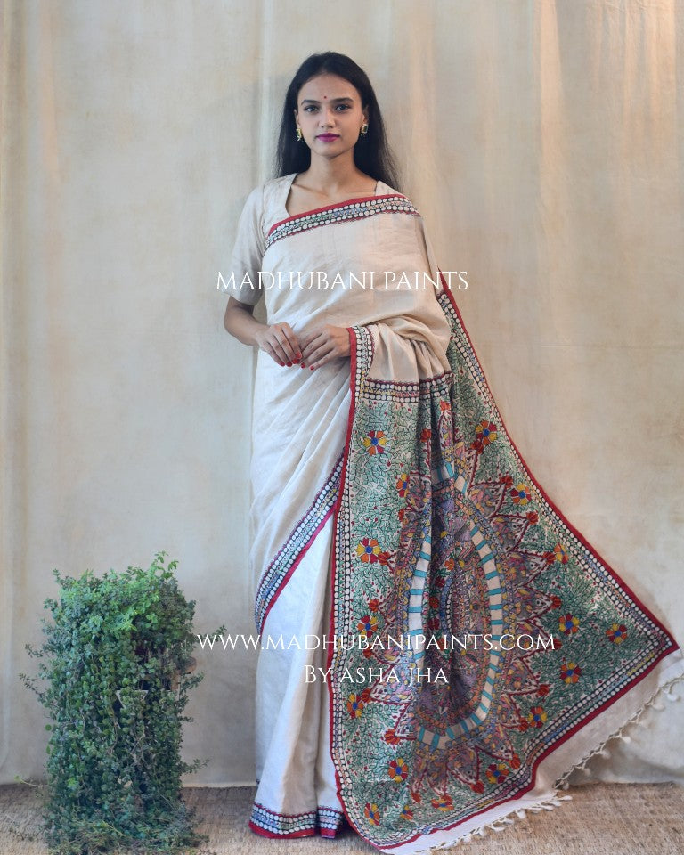 Handpainted Madhubani 'BAGIYA' Tussar Silk Saree