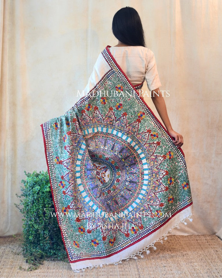 Handpainted Madhubani 'BAGIYA' Tussar Silk Saree