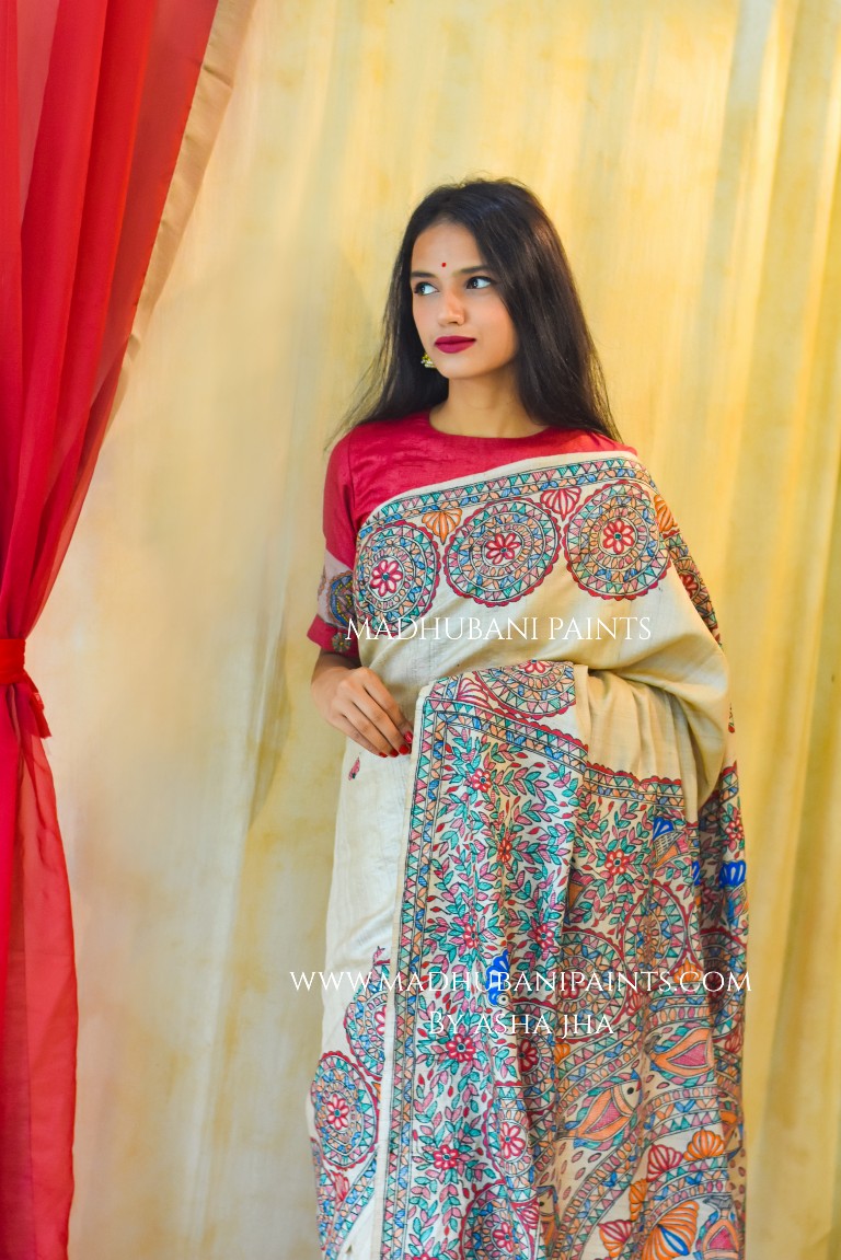 'MATSYA NRITYA' Handpainted Madhubani Tussar Silk Saree