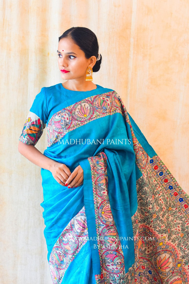 SAANKH KAMAL' Handpainted Madhubani Tussar Silk Saree
