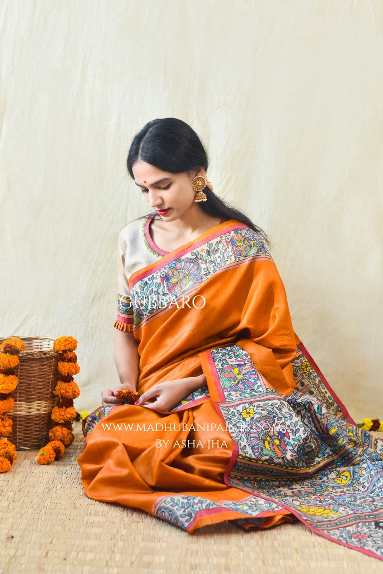 'SITA RAM' Handpainted Madhubani Tussar Silk Saree Blouse Set