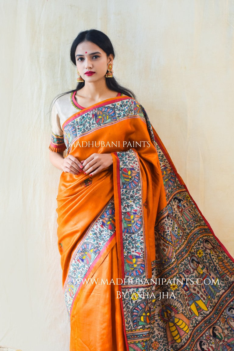 'SITA RAM' Handpainted Madhubani Tussar Silk Saree Blouse Set