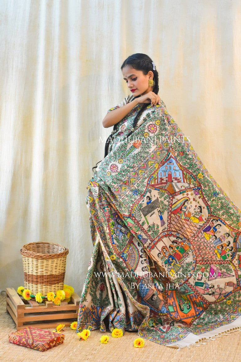 'KAHANI PADMA KI' Handpainted Madhubani Tussar Silk Saree