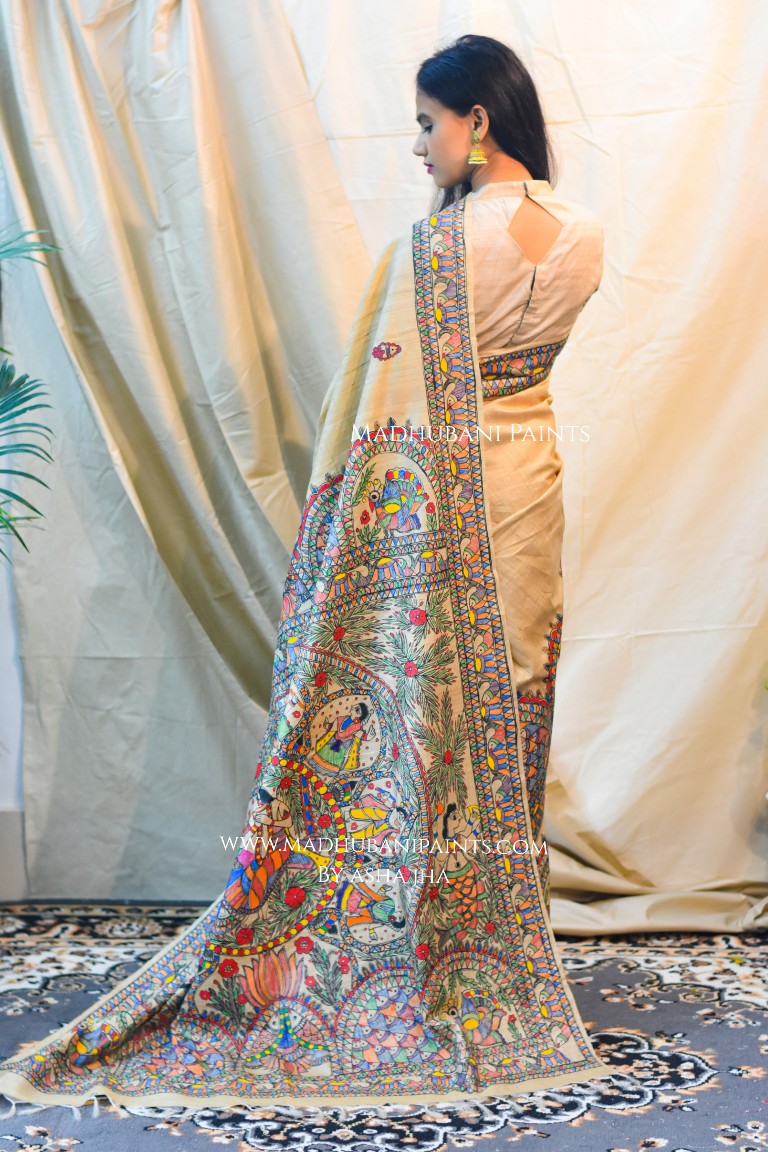 'SHYAM LEELA' Handpainted Madhubani Tussar Silk Saree