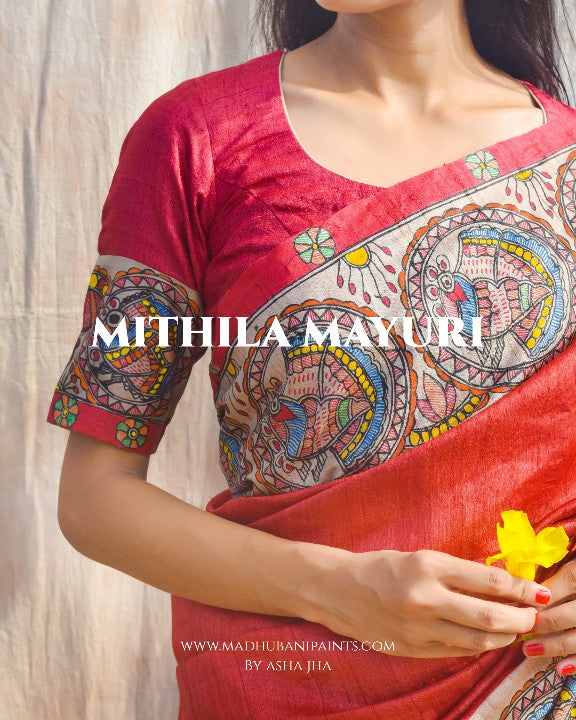 'MITHILA MAYURI' Handpainted Madhubani Tussar Silk Saree Blouse Set