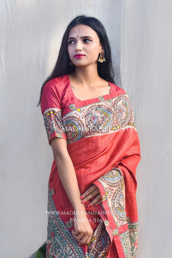 'MITHILA MAYURI' Handpainted Madhubani Tussar Silk Saree Blouse Set