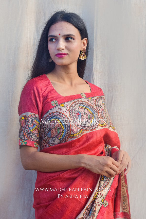 'MITHILA MAYURI' Handpainted Madhubani Tussar Silk Saree Blouse Set