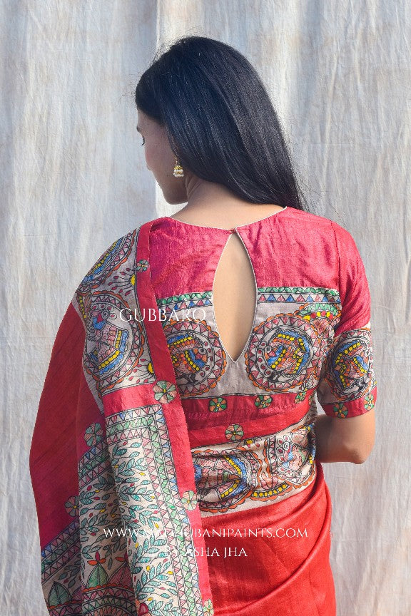 'MITHILA MAYURI' Handpainted Madhubani Tussar Silk Saree Blouse Set