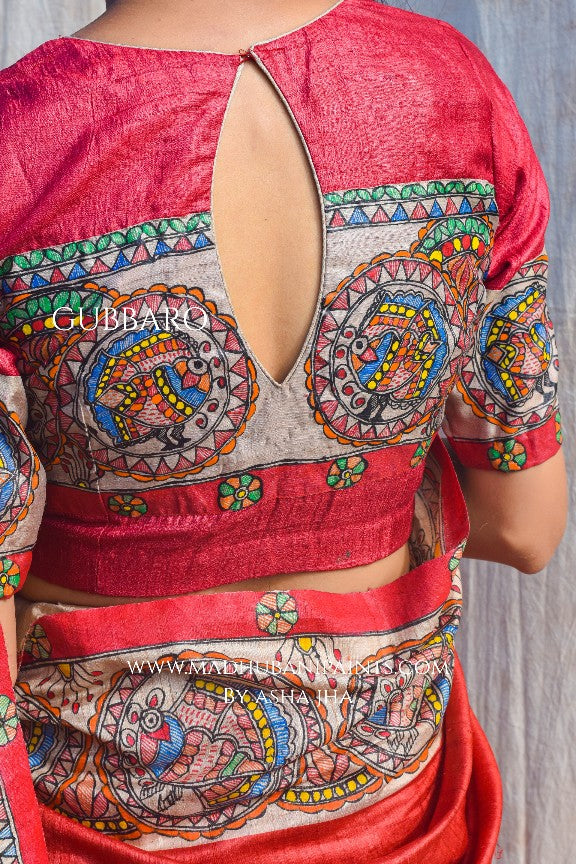 'MITHILA MAYURI' Handpainted Madhubani Tussar Silk Saree Blouse Set