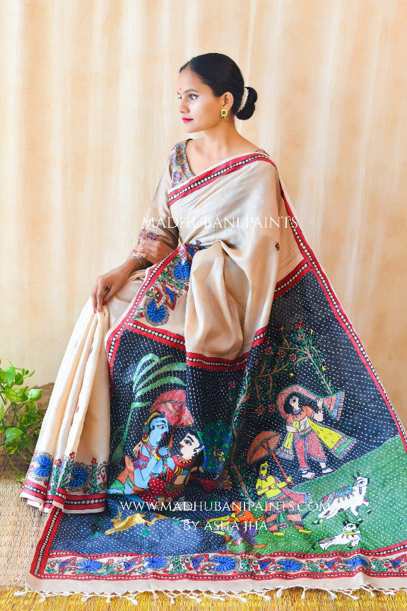 KRISHNA IN BAARISH Handpainted Madhubani Tussar Silk Saree Blouse Set