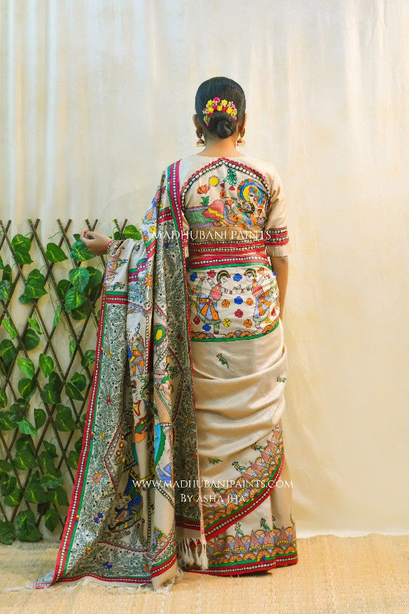 NANDGOPALA RADHA' Handpainted Madhubani Tussar Silk Saree Blouse set