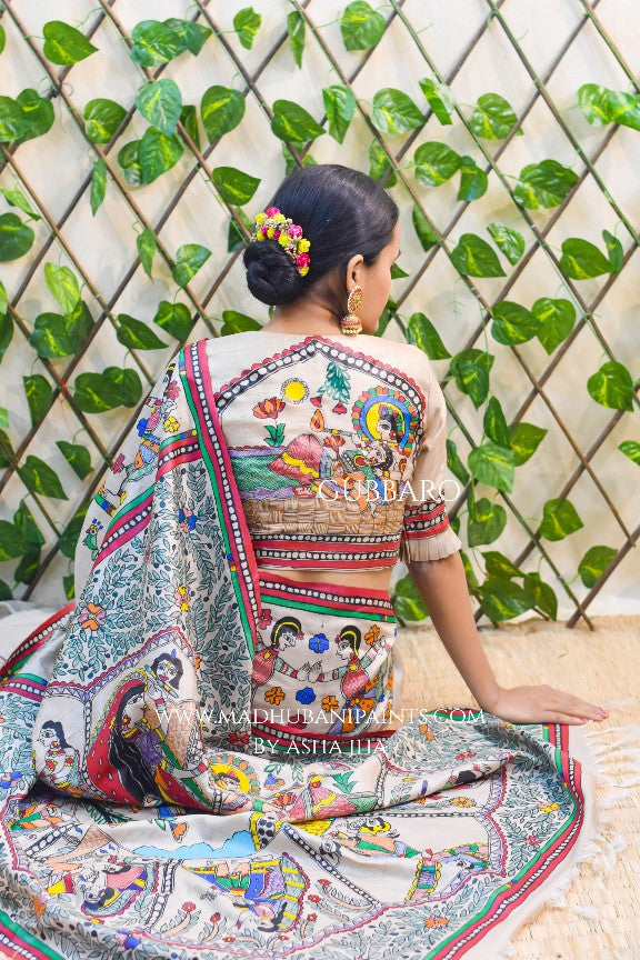 NANDGOPALA RADHA' Handpainted Madhubani Tussar Silk Saree Blouse set