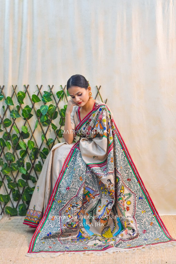 NANDGOPALA RADHA' Handpainted Madhubani Tussar Silk Saree Blouse set
