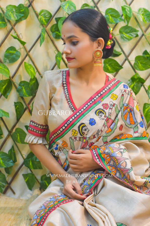NANDGOPALA RADHA' Handpainted Madhubani Tussar Silk Saree Blouse set