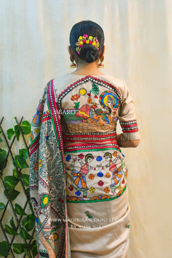 NANDGOPALA RADHA' Handpainted Madhubani Tussar Silk Saree Blouse set