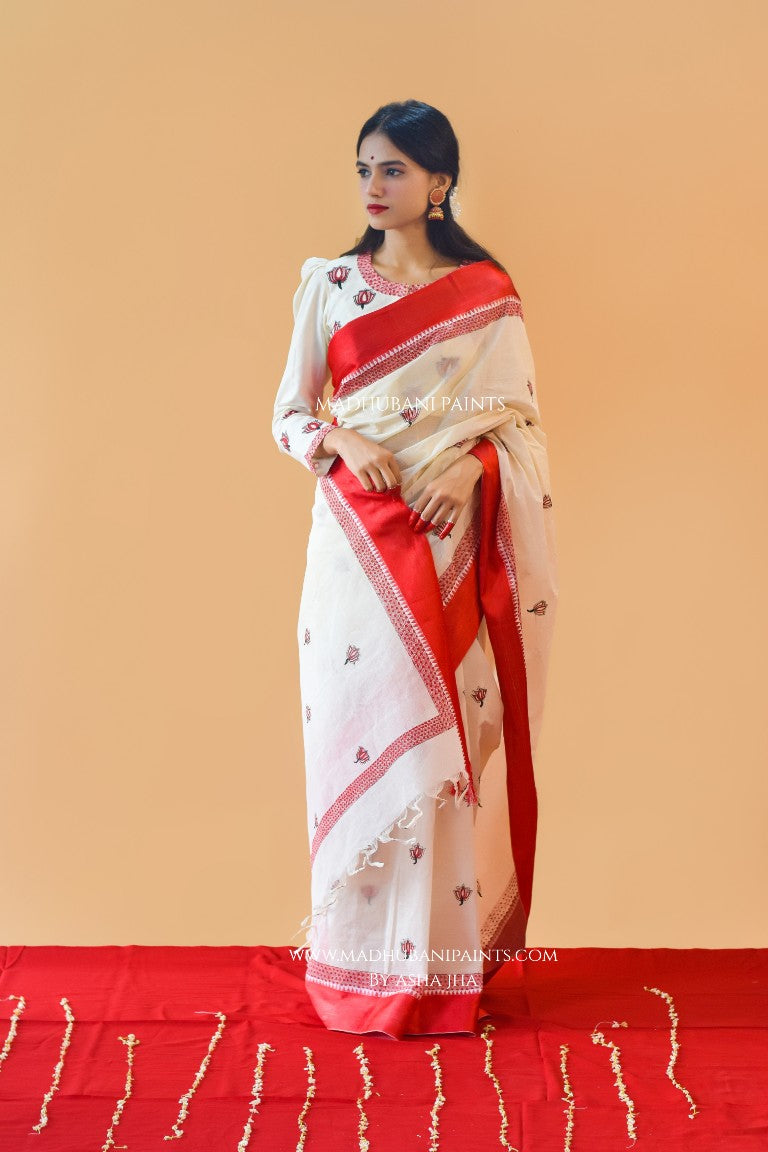 'SINDOORI' Handpainted Madhubani Cotton Saree