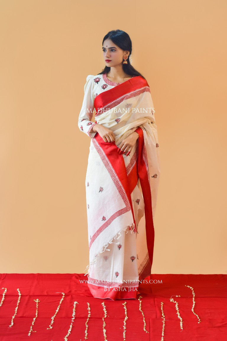 'SINDOORI' Handpainted Madhubani Cotton Saree