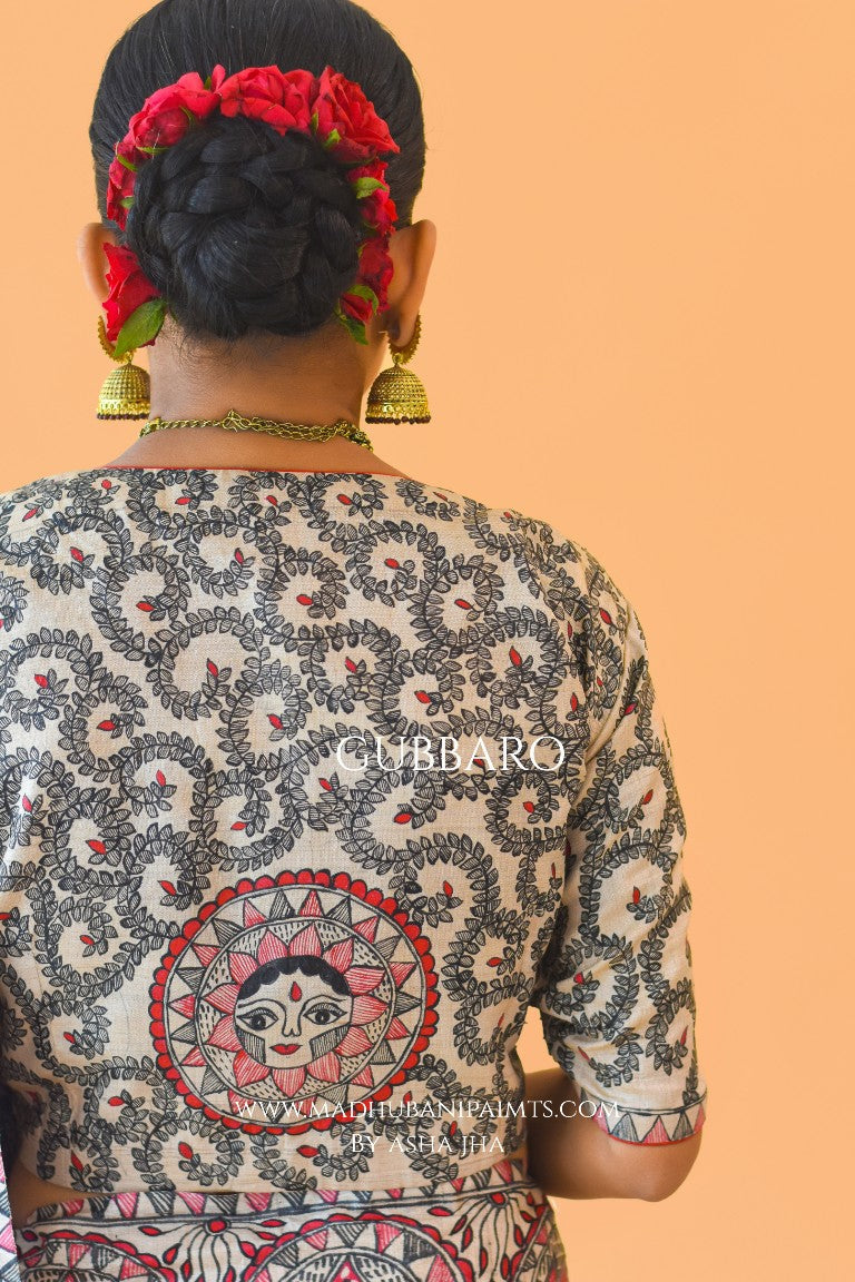 'SUNDARI' Handpainted Madhubani Tussar Silk Saree Blouse Set