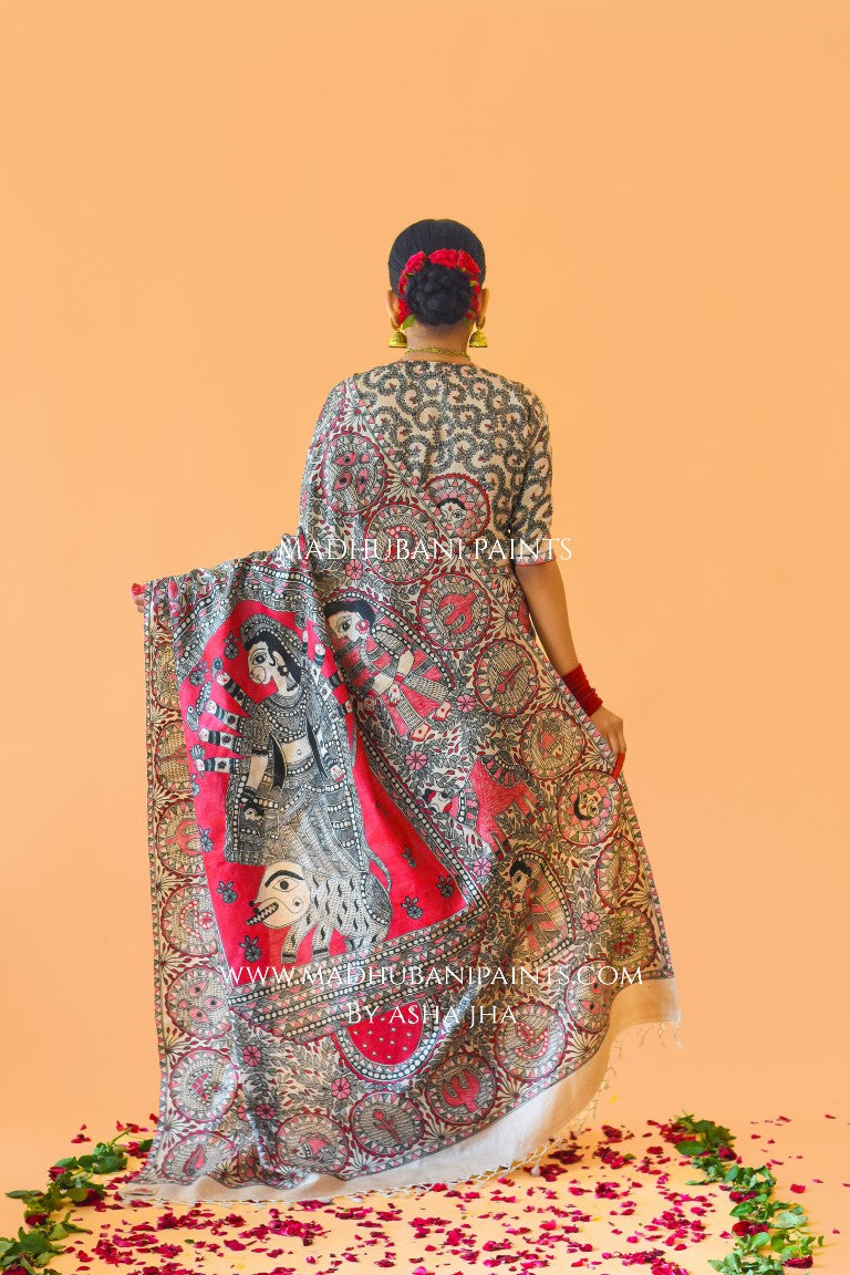 'SUNDARI' Handpainted Madhubani Tussar Silk Saree Blouse Set