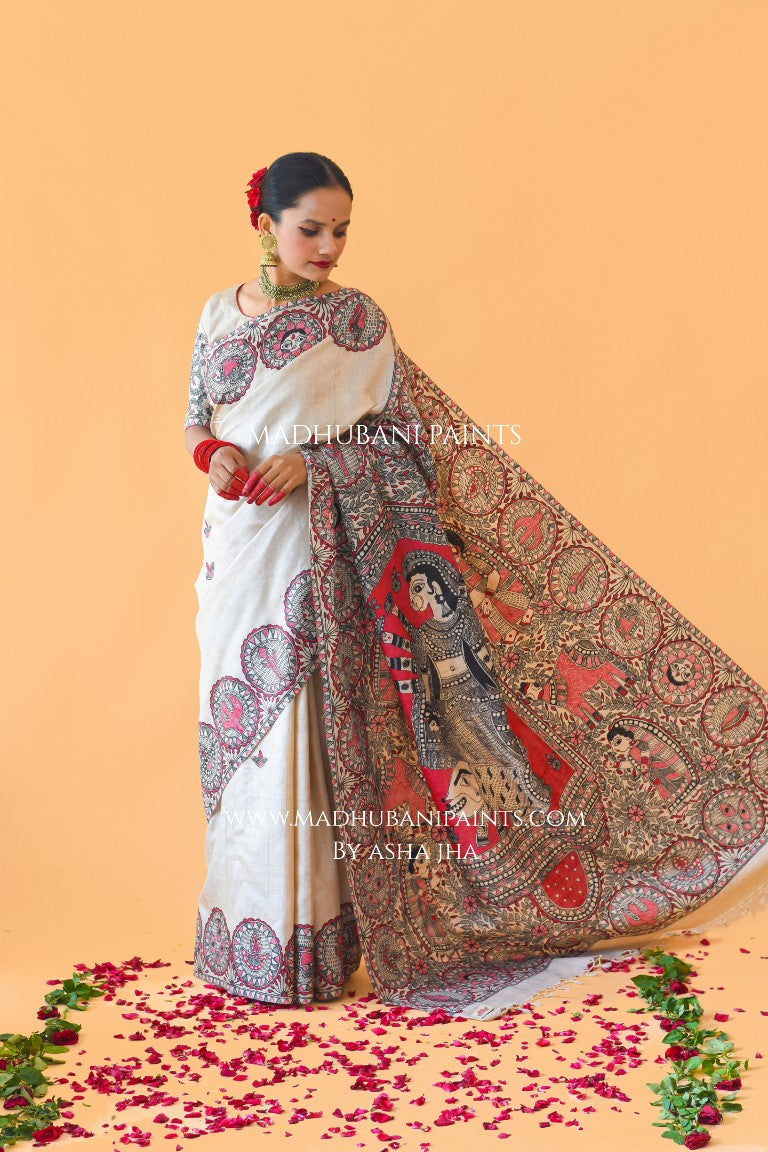 'SUNDARI' Handpainted Madhubani Tussar Silk Saree Blouse Set