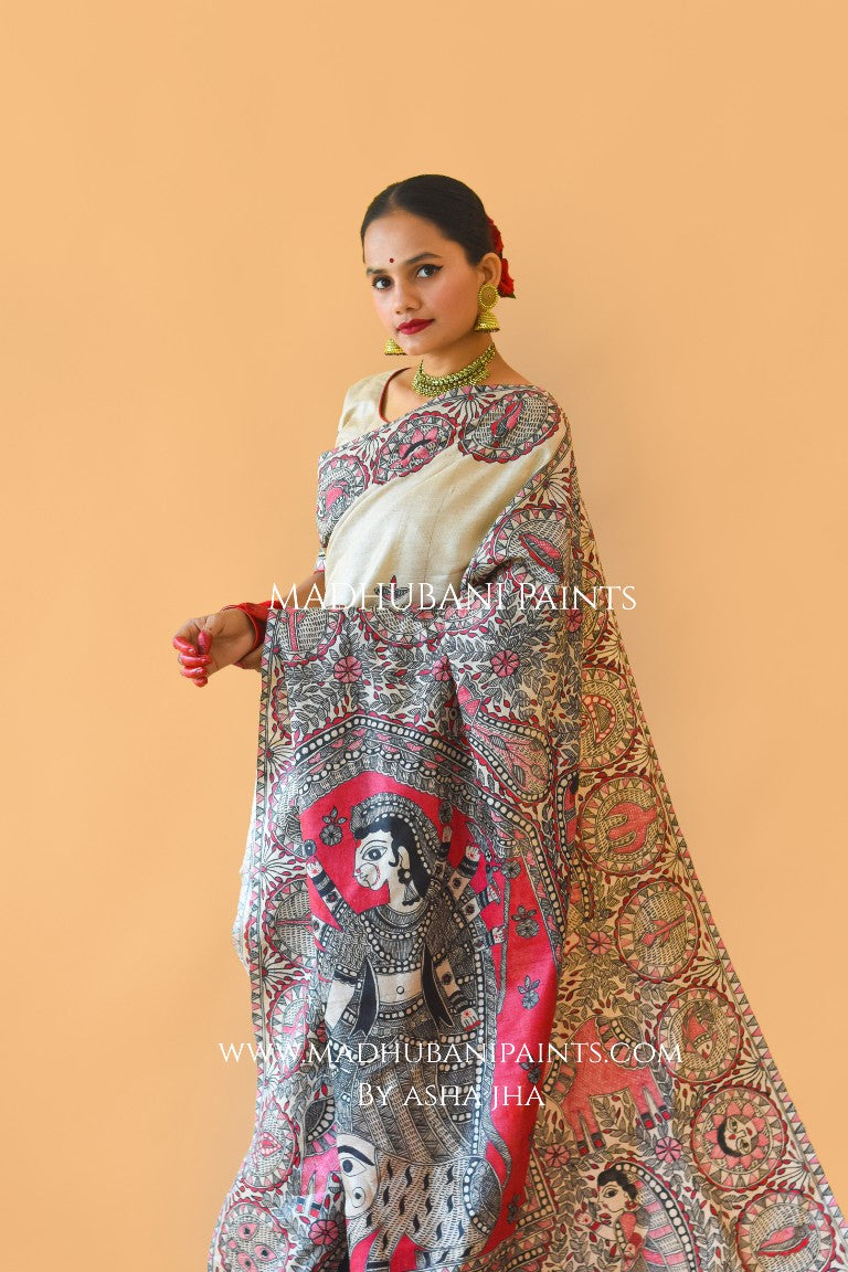 'SUNDARI' Handpainted Madhubani Tussar Silk Saree Blouse Set