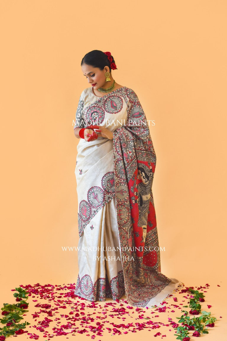 'SUNDARI' Handpainted Madhubani Tussar Silk Saree Blouse Set