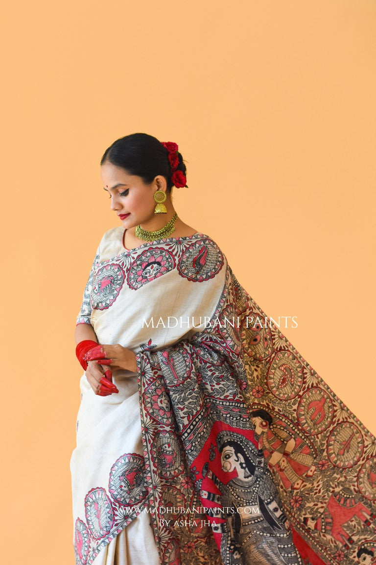 'SUNDARI' Handpainted Madhubani Tussar Silk Saree Blouse Set