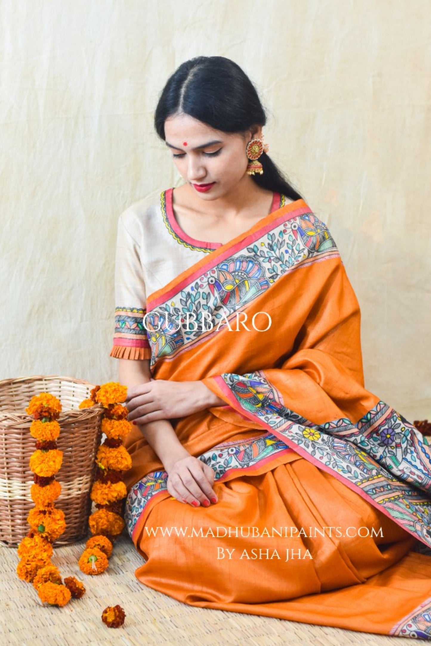 'SITA RAM' Handpainted Madhubani Tussar Silk Saree Blouse Set