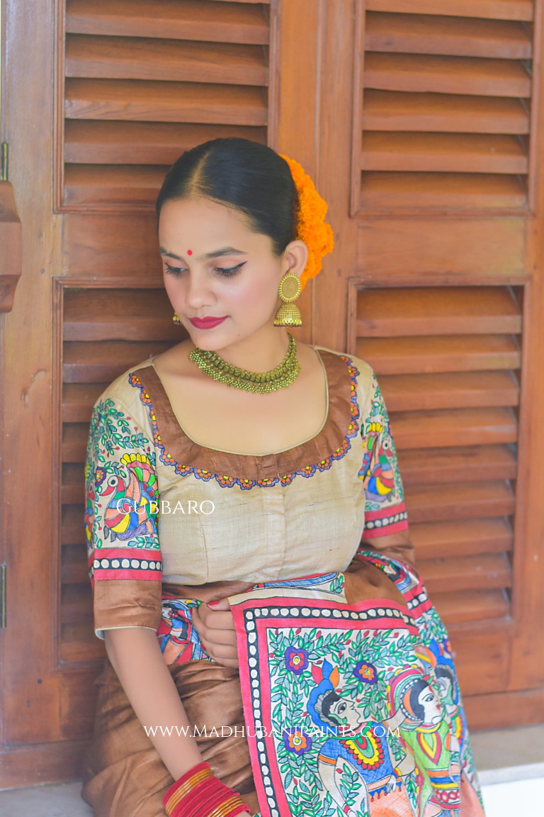 SHAMBHAVI Handpainted Madhubani Tussar Silk Saree Blouse Set