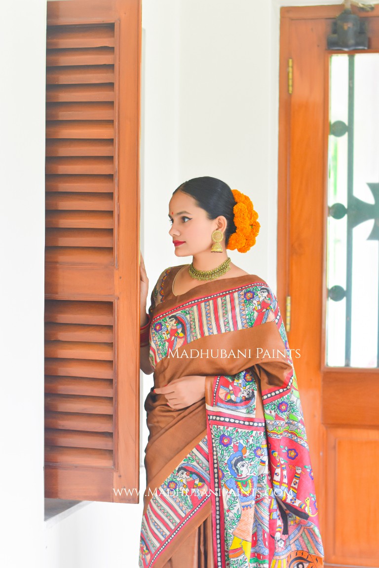 SHAMBHAVI Handpainted Madhubani Tussar Silk Saree Blouse Set