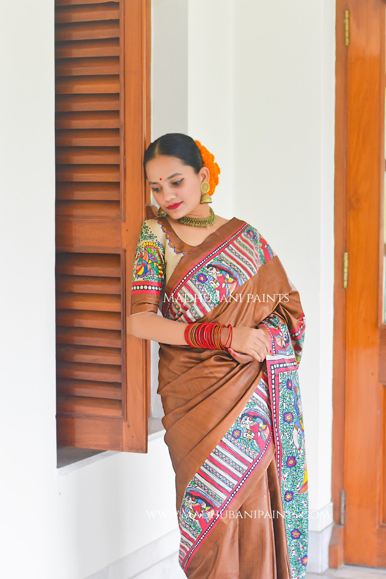 SHAMBHAVI Handpainted Madhubani Tussar Silk Saree Blouse Set