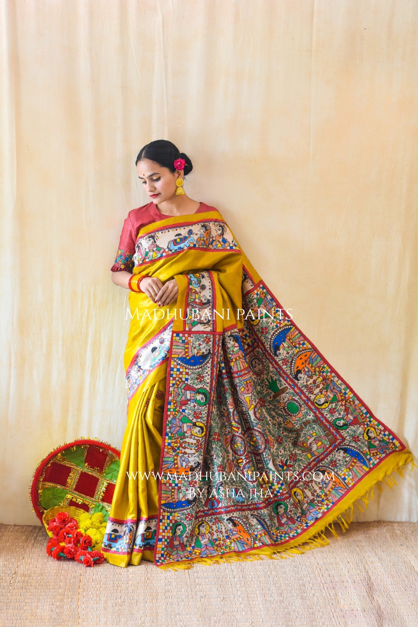 Mithila Kohbar Hand Painted Madhubani Tussar Silk Saree Blouse