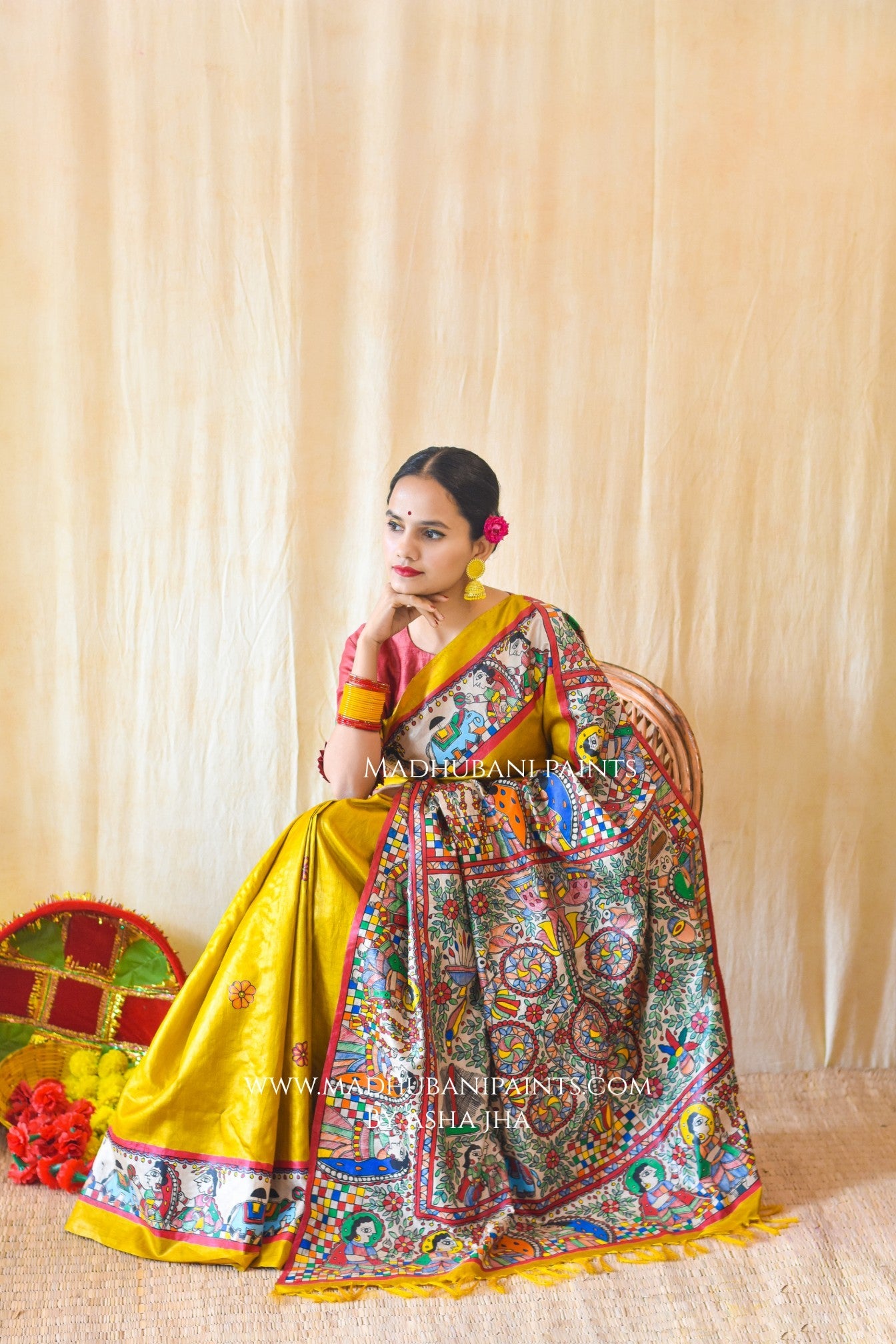 Mithila Kohbar Hand Painted Madhubani Tussar Silk Saree Blouse
