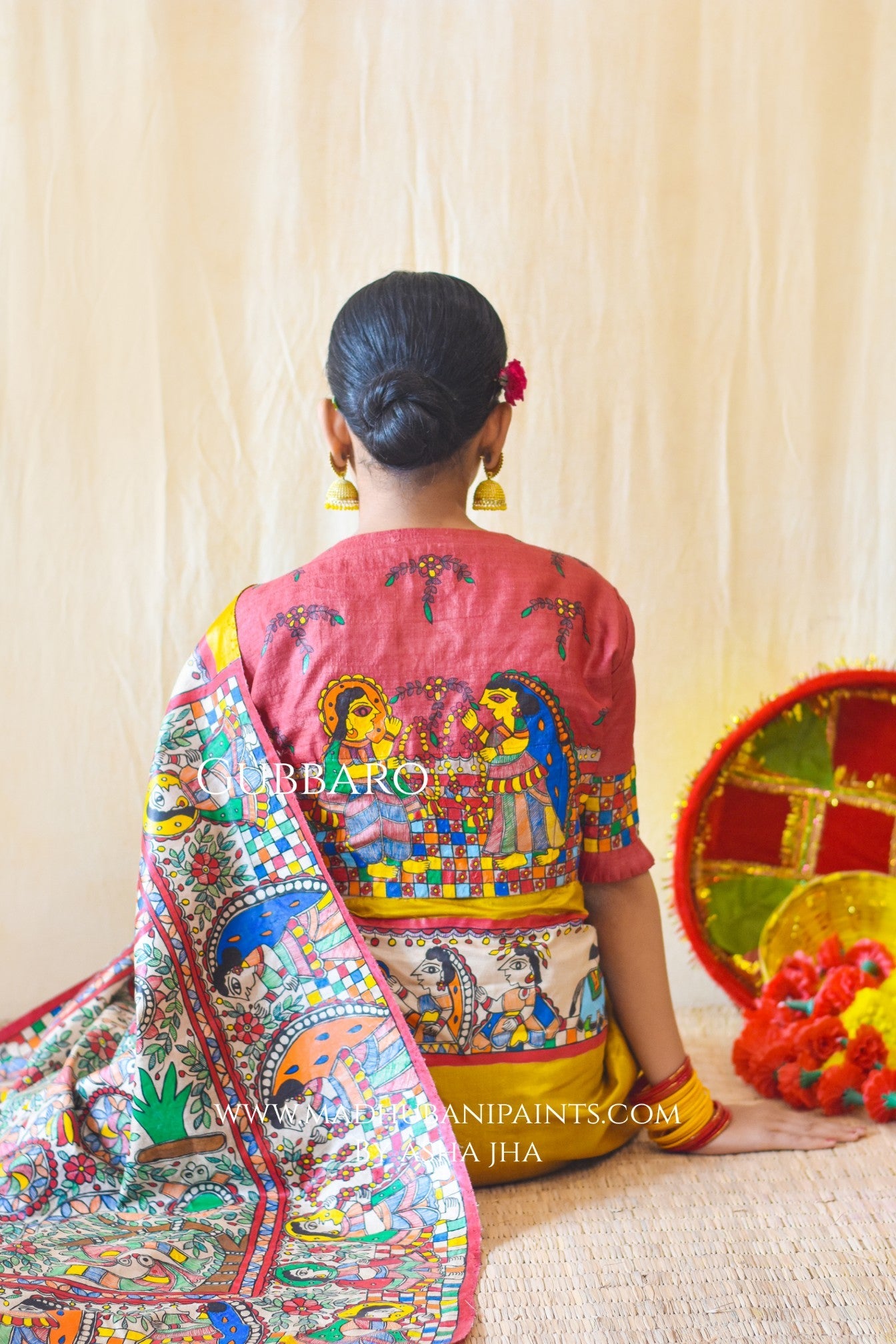Mithila Kohbar Hand Painted Madhubani Tussar Silk Saree Blouse