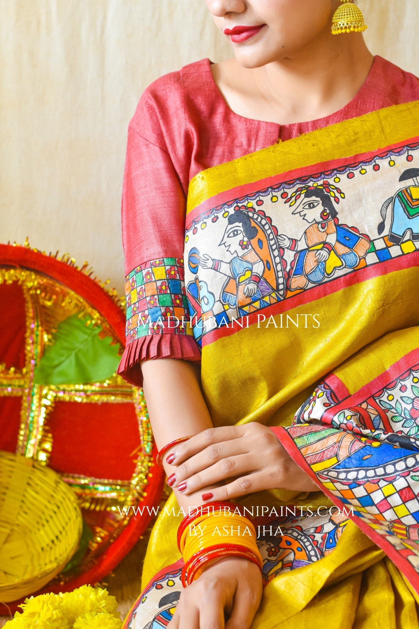 Mithila Kohbar Hand Painted Madhubani Tussar Silk Saree Blouse