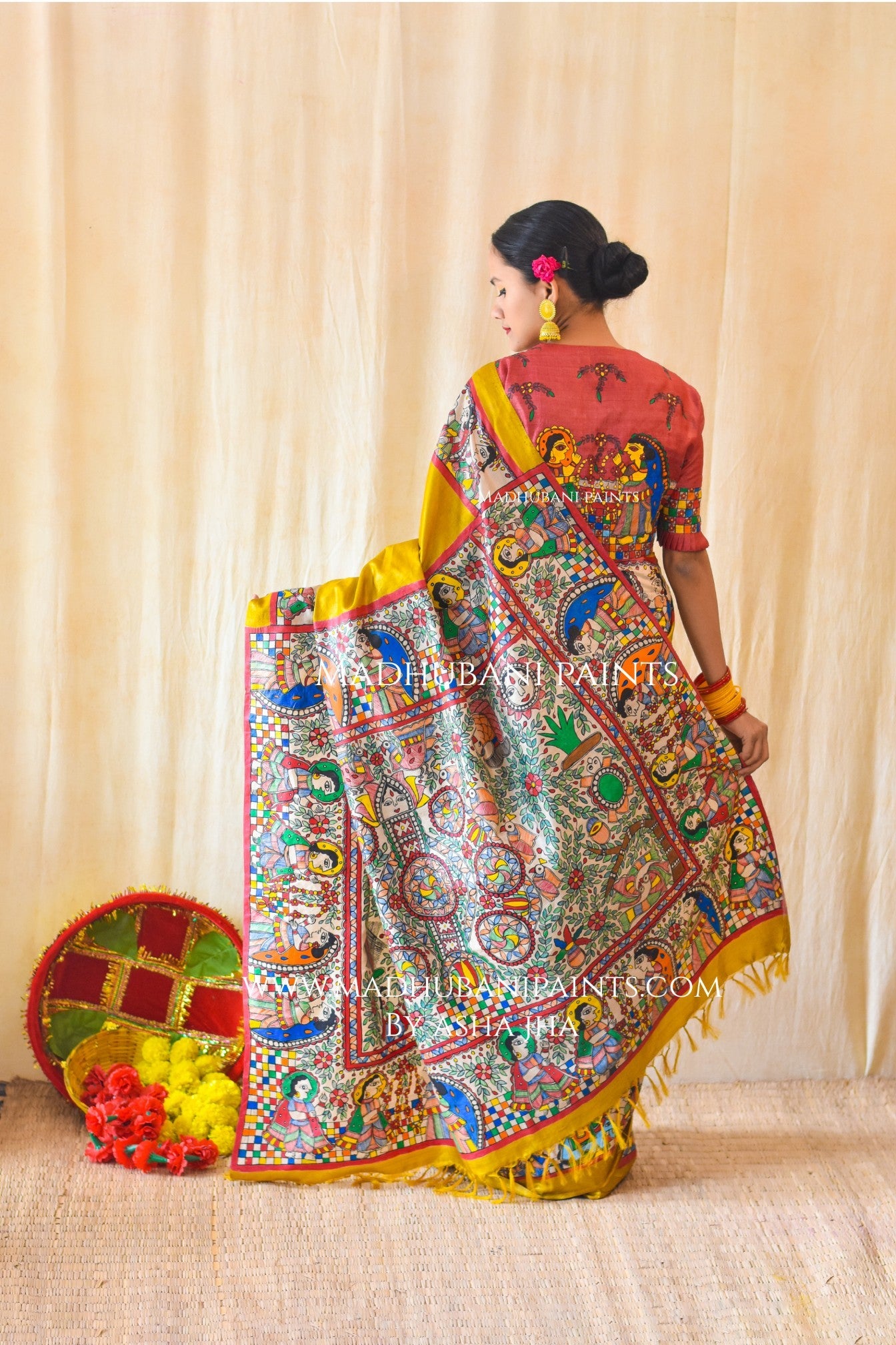 Mithila Kohbar Hand Painted Madhubani Tussar Silk Saree Blouse