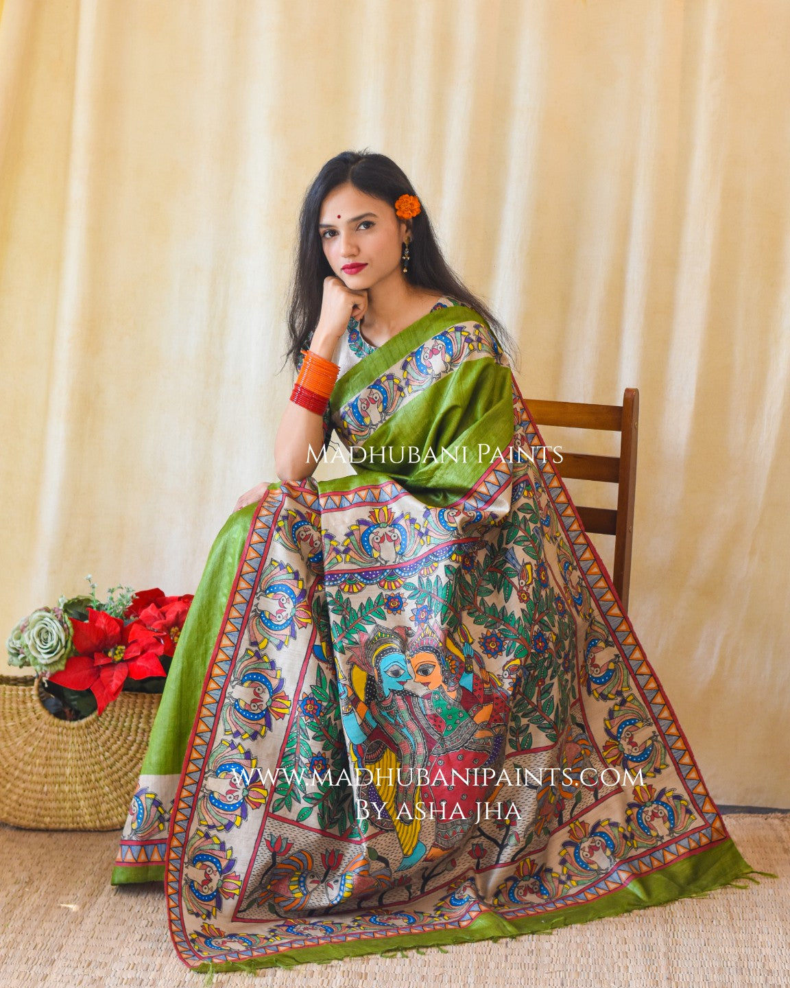 RADHA SANG KRISHNA Handpainted Madhubani Tussar Silk Saree Blouse