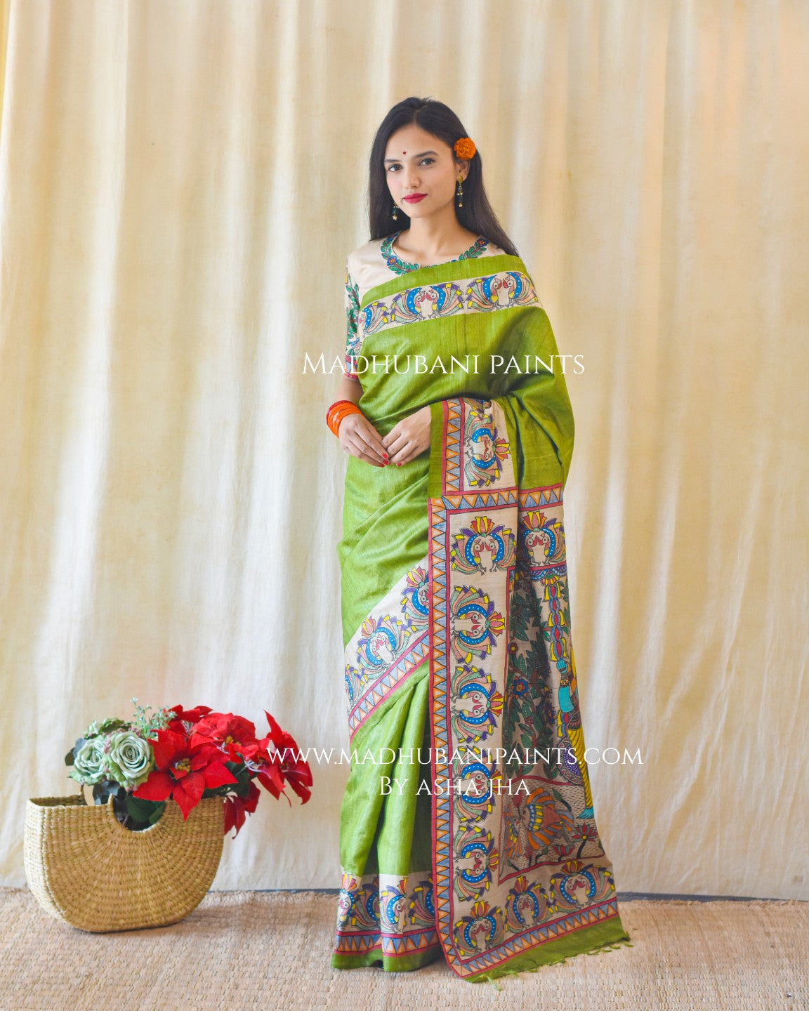 RADHA SANG KRISHNA Handpainted Madhubani Tussar Silk Saree Blouse