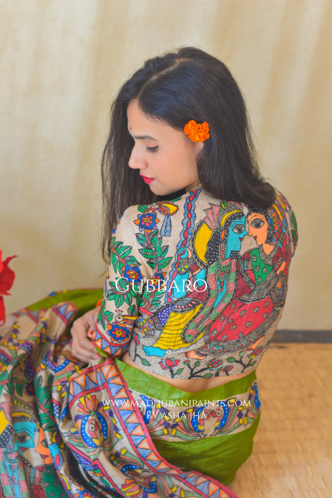 RADHA SANG KRISHNA Handpainted Madhubani Tussar Silk Saree Blouse