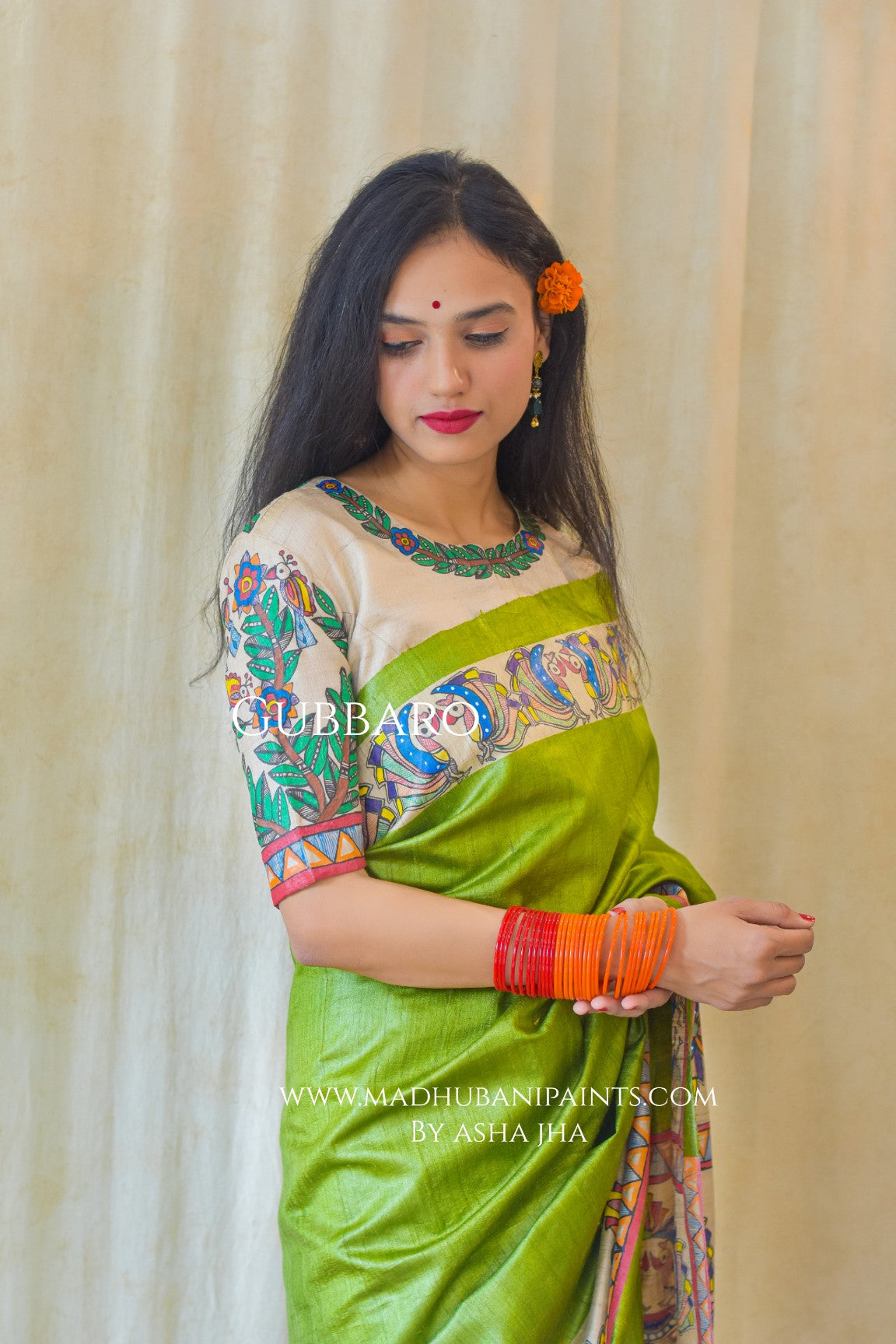RADHA SANG KRISHNA Handpainted Madhubani Tussar Silk Saree Blouse