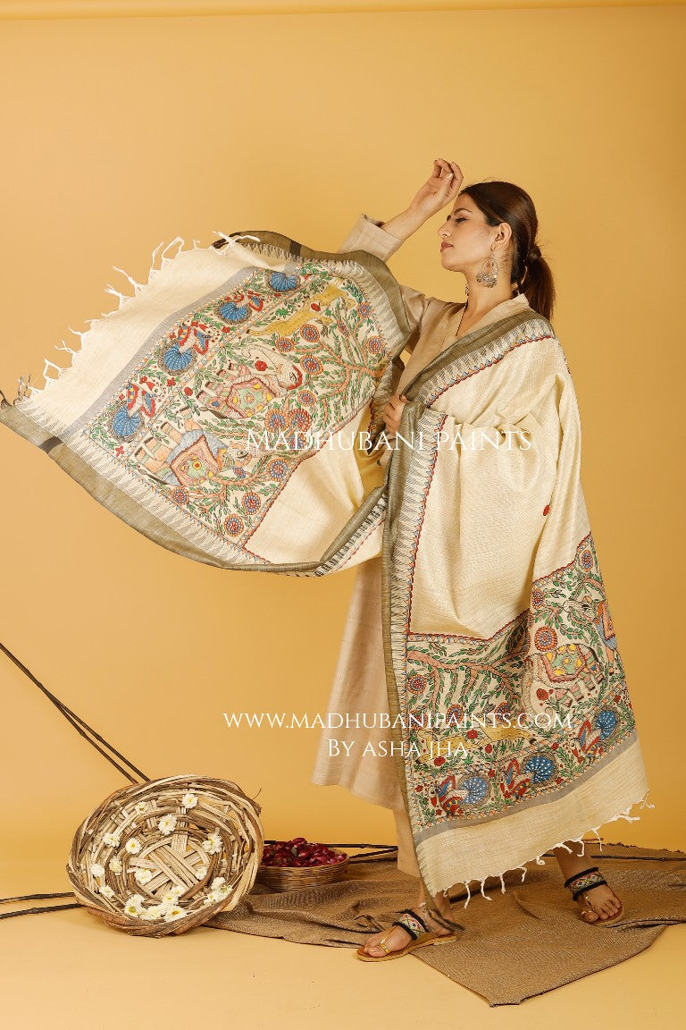 Ele Vrindavan Madhubani Handpainted Pure Handwoven Cotton Dupatta