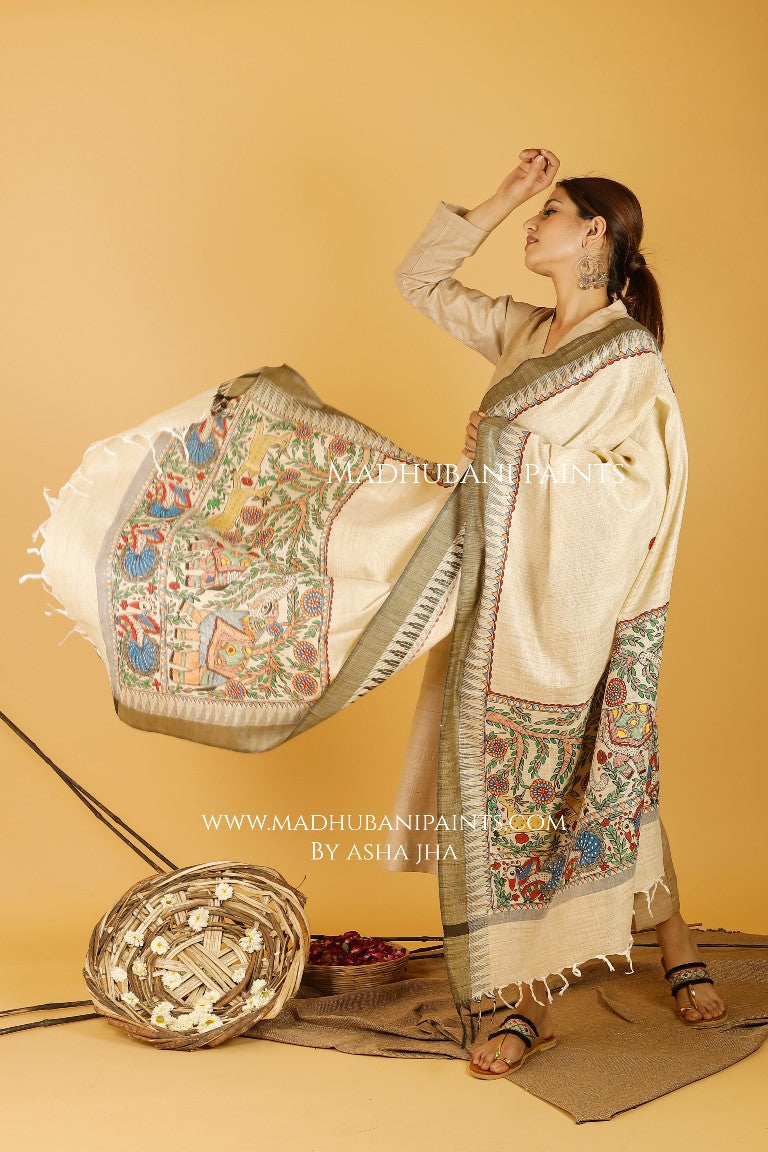 Ele Vrindavan Madhubani Handpainted Pure Handwoven Cotton Dupatta